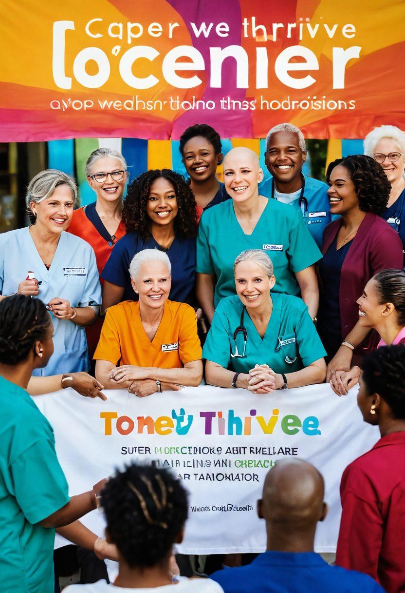 A heartwarming scene depicting a diverse group of people, including cancer survivors and healthcare professionals, gathered in a vibrant community space, sharing stories and support. In the background, a colorful banner reading 'Together We Thrive' is visible, symbolizing resilience and hope. The atmosphere is filled with warmth, connection, and solidarity. Bright, uplifting colors to convey optimism and strength. super-realistic. vibrant colors.