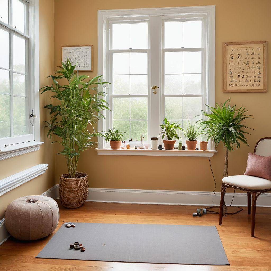 A serene therapy room featuring a harmonious blend of traditional and alternative healing methods. Incorporate elements like acupuncture needles, herbal remedies, and a yoga mat, alongside a stethoscope and medical charts. Soft natural light filters through a window, illuminating calming plants and soothing decor. Capture the essence of empowerment and healing in a balanced, inviting atmosphere. painting. vibrant colors.