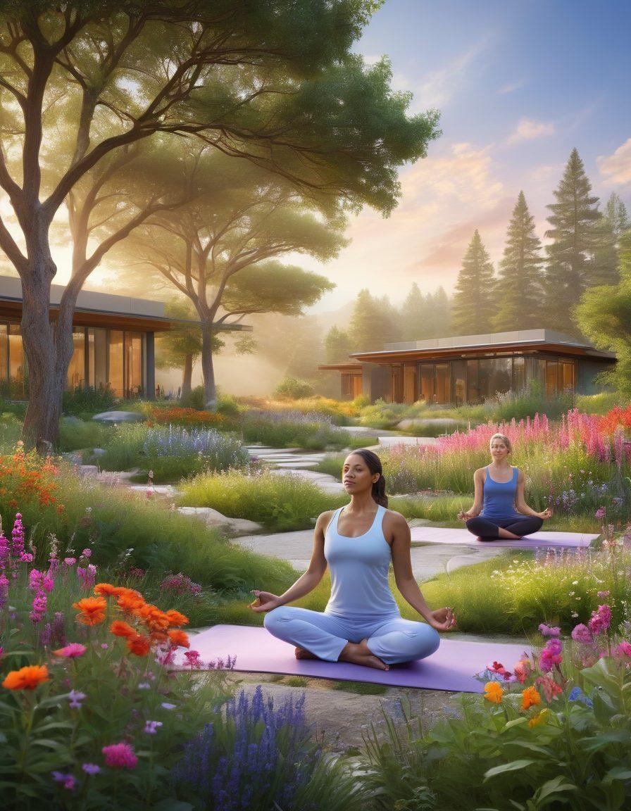 A serene landscape featuring a diverse group of patients engaged in yoga and meditation, surrounded by lush greenery and colorful wildflowers. In the background, a modern cancer care center with sustainable design elements, symbolizing hope and healing. Subtle imagery of molecular structures and alternative therapy symbols like herbs and acupuncture needles integrated in the sky. The scene radiates warmth and empowerment, inviting viewers to envision a holistic approach to oncology. vibrant colors. super-realistic.